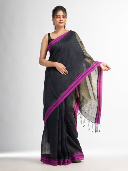 Women's Charcoal with Lemon yollow pallu in jacquard boeder handwoven linen saree