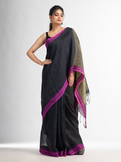 Women's Charcoal with Lemon yollow pallu in jacquard boeder handwoven linen saree