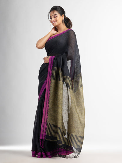Women's Charcoal with Lemon yollow pallu in jacquard boeder handwoven linen saree