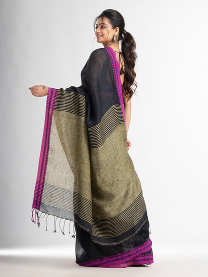 Women's Charcoal with Lemon yollow pallu in jacquard boeder handwoven linen saree