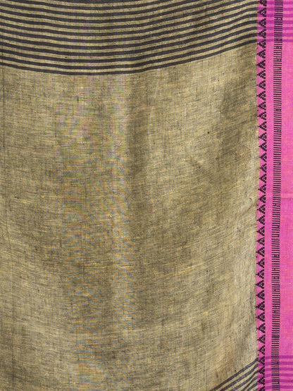 Women's Charcoal with Lemon yollow pallu in jacquard boeder handwoven linen saree