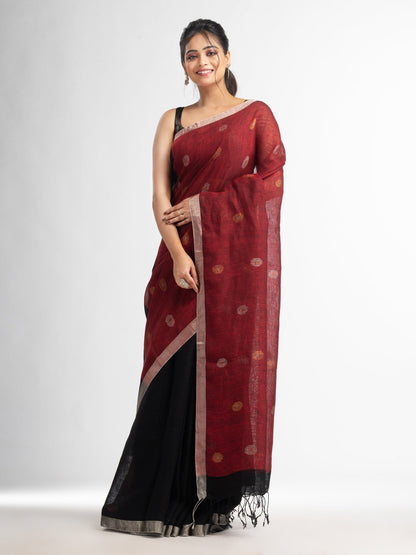 Women's Black Red half and half with ball buti pallu in silver zari border handwoven linen saree