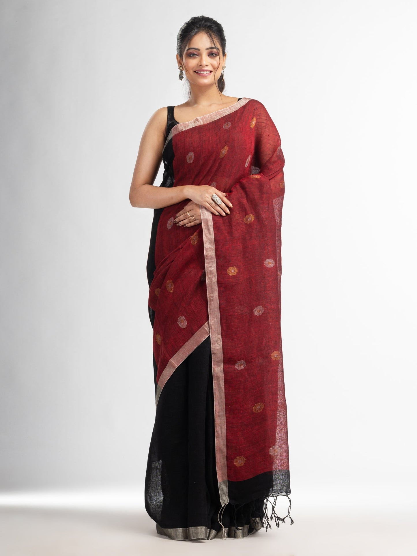 Women's Black Red half and half with ball buti pallu in silver zari border handwoven linen saree