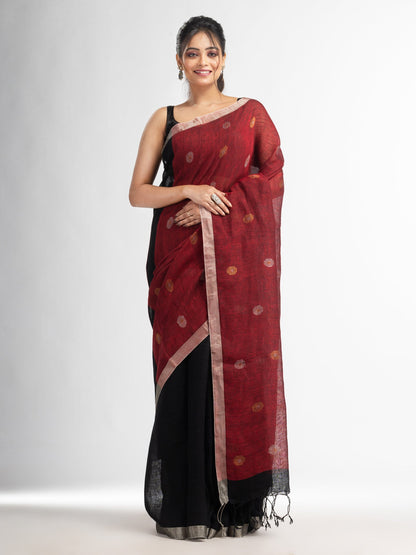 Women's Black Red half and half with ball buti pallu in silver zari border handwoven linen saree