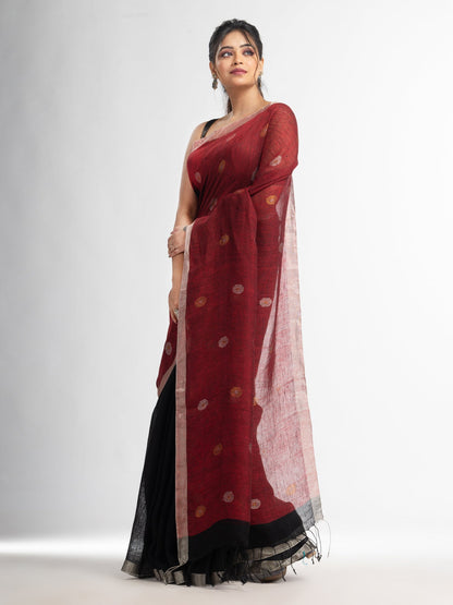 Women's Black Red half and half with ball buti pallu in silver zari border handwoven linen saree