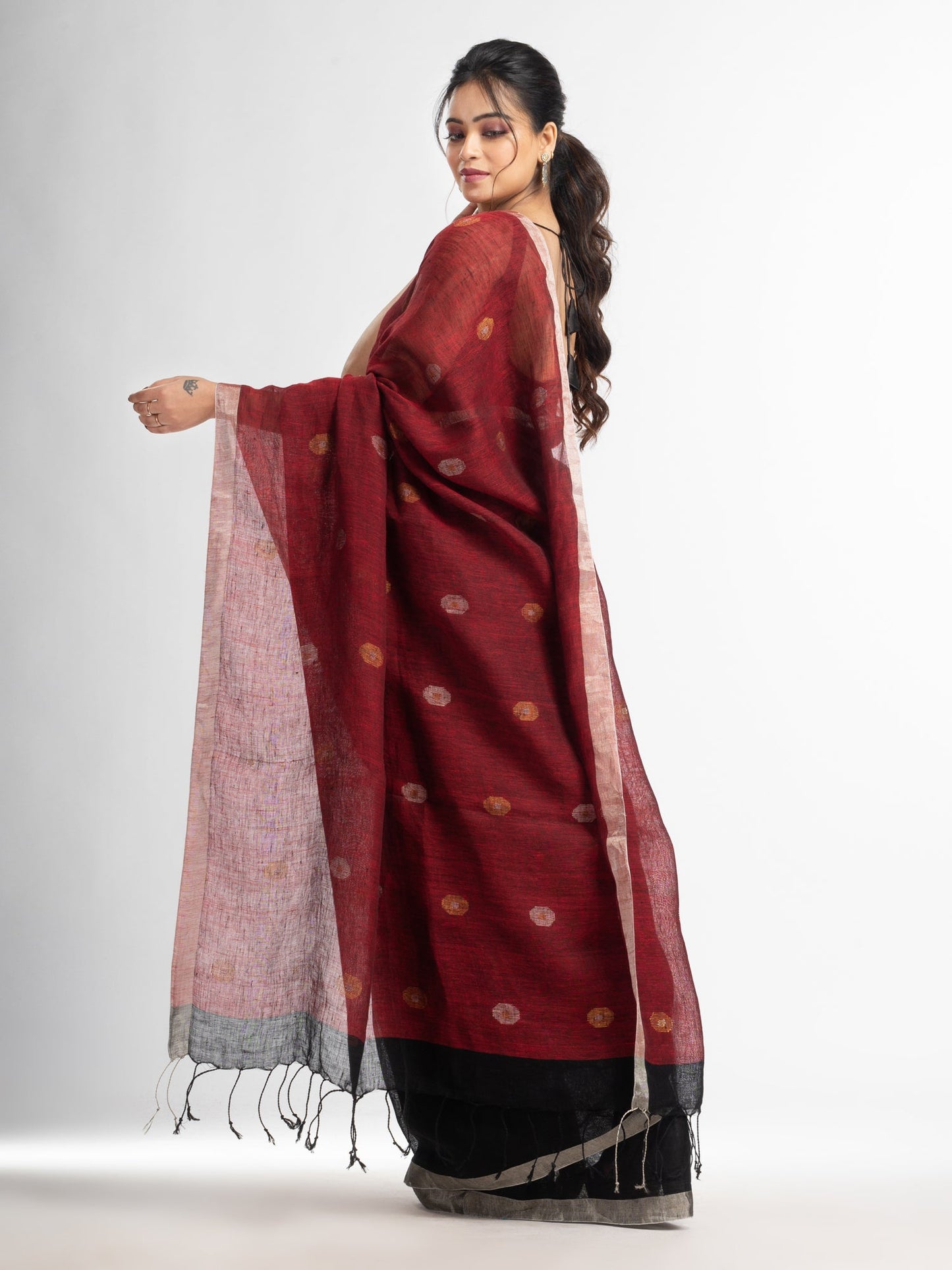 Women's Black Red half and half with ball buti pallu in silver zari border handwoven linen saree
