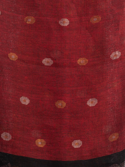 Women's Black Red half and half with ball buti pallu in silver zari border handwoven linen saree