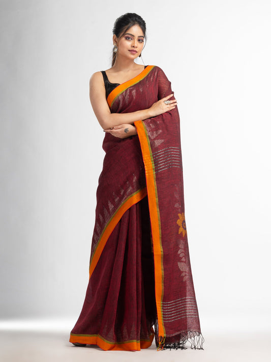 Women's Moroon with jamdani pallu in temple border handwoven linen saree