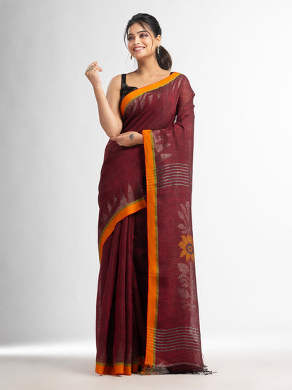 Women's Moroon with jamdani pallu in temple border handwoven linen saree