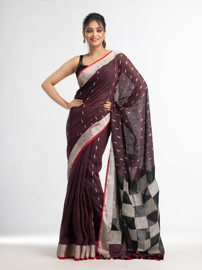 Women's Coffee brown all body buti with box pallu in silver zari border handwoven linen saree