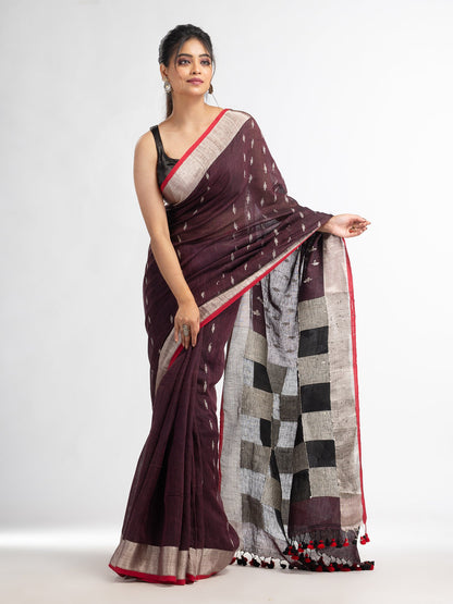 Women's Coffee brown all body buti with box pallu in silver zari border handwoven linen saree