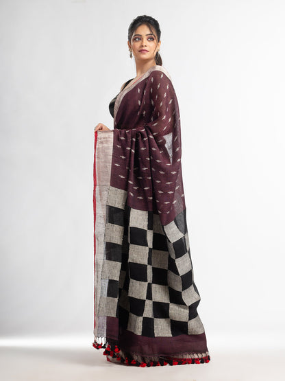 Women's Coffee brown all body buti with box pallu in silver zari border handwoven linen saree