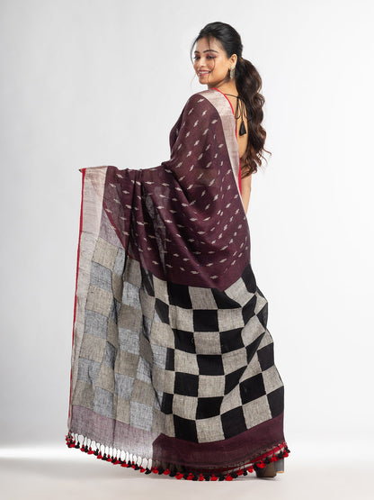 Women's Coffee brown all body buti with box pallu in silver zari border handwoven linen saree