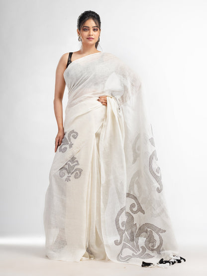 Women's White jamdani handwoven linen saree