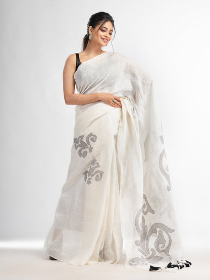 Women's White jamdani handwoven linen saree