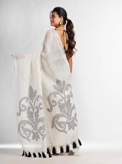 Women's White jamdani handwoven linen saree