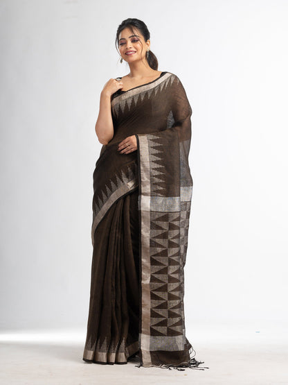 Women's Coffee brown with all pallu zari buti in temple border handwoven linen saree