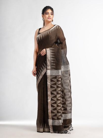 Women's Coffee brown with all pallu zari buti in temple border handwoven linen saree
