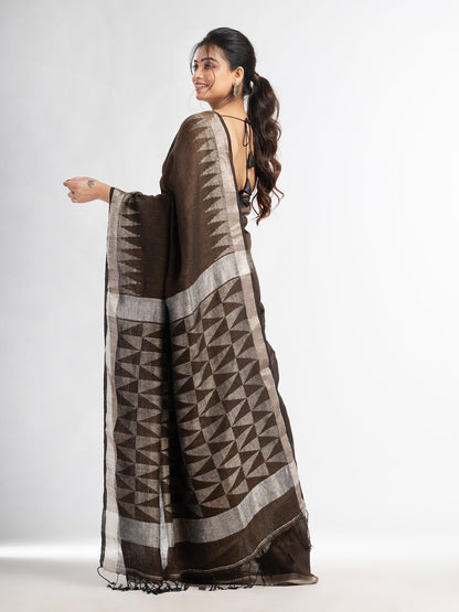 Women's Coffee brown with all pallu zari buti in temple border handwoven linen saree