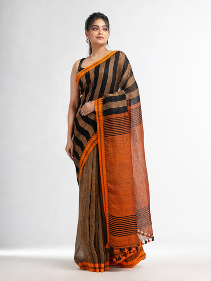 Women's Sunset Brown all body stipe with rust pallu in jacquard boeder handwoven linen saree