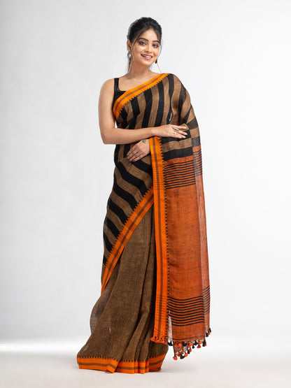 Women's Sunset Brown all body stipe with rust pallu in jacquard boeder handwoven linen saree