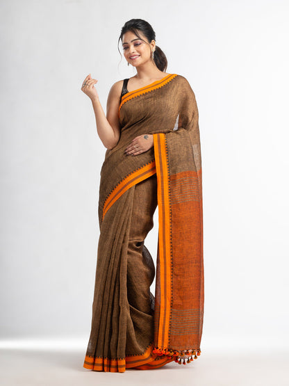 Women's Sunset Brown stipe with rust pallu in jacquard boeder handwoven linen saree