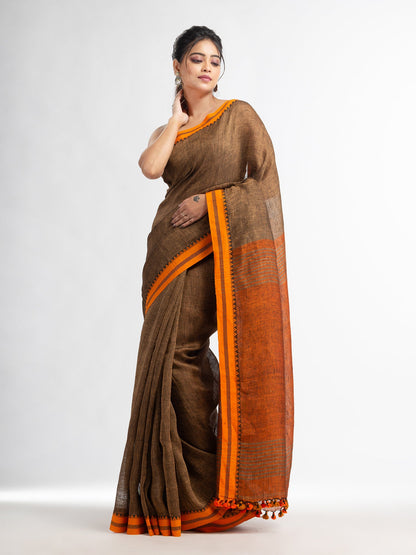 Women's Sunset Brown stipe with rust pallu in jacquard boeder handwoven linen saree