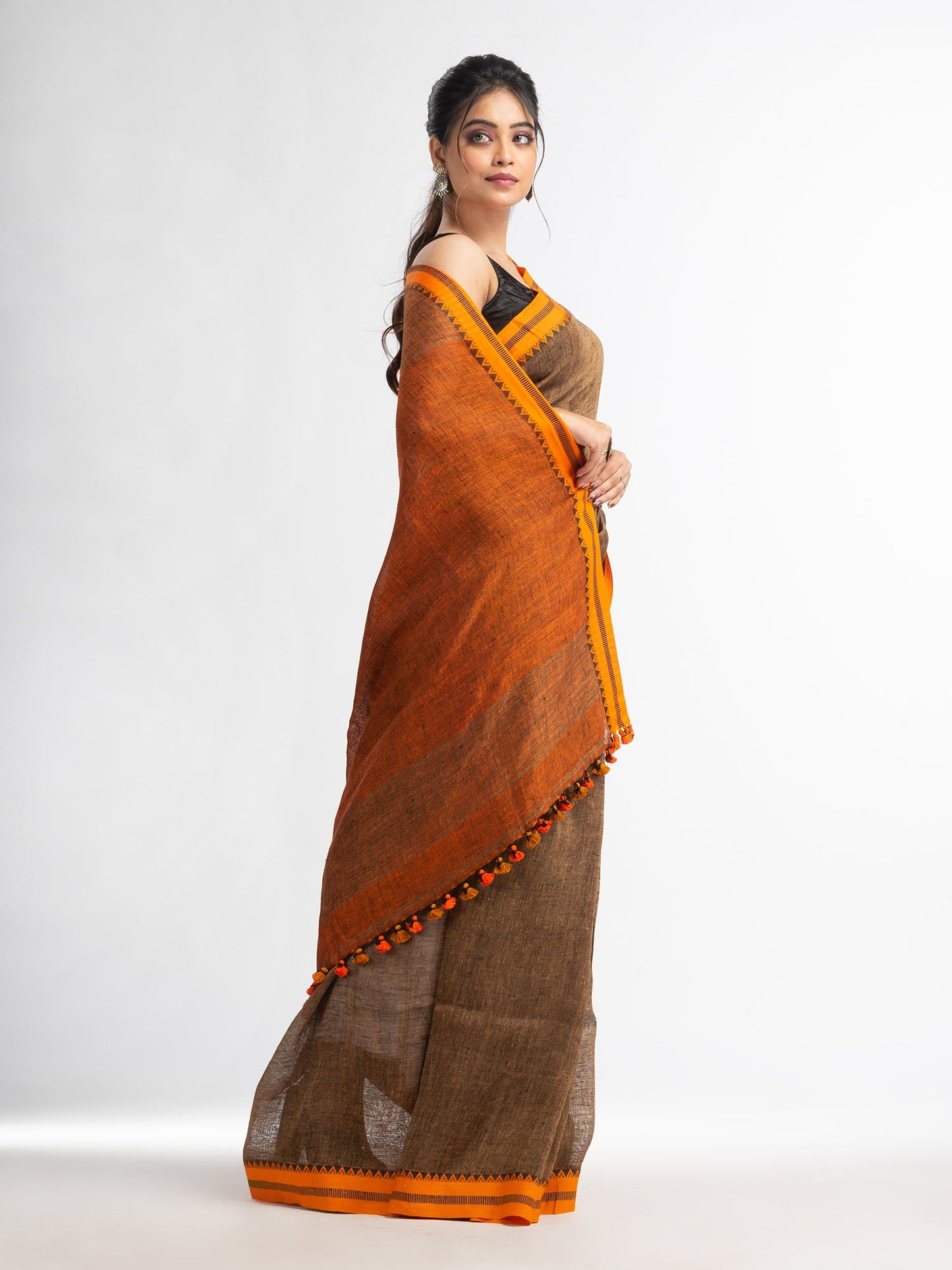 Women's Sunset Brown stipe with rust pallu in jacquard boeder handwoven linen saree