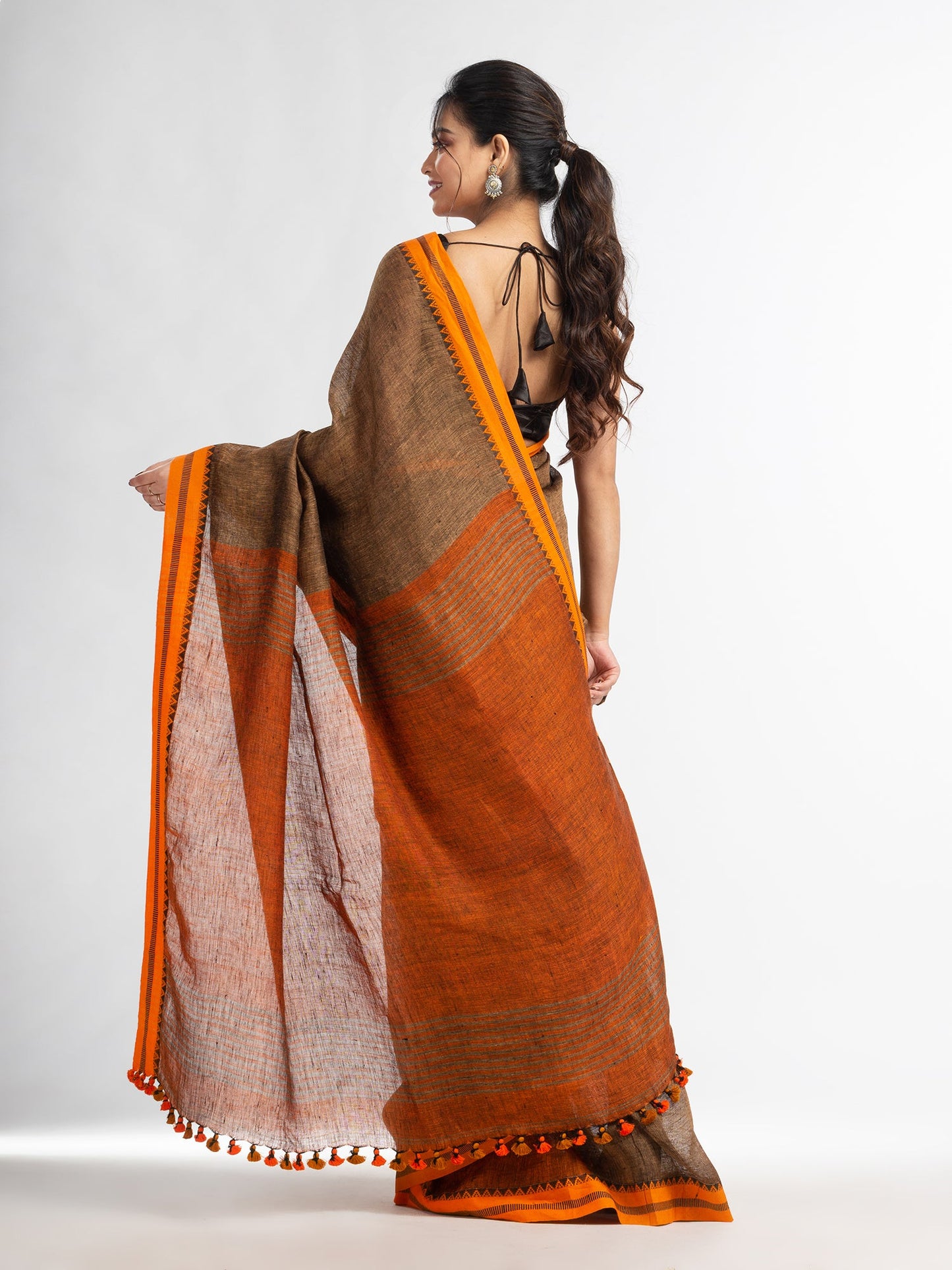 Women's Sunset Brown stipe with rust pallu in jacquard boeder handwoven linen saree