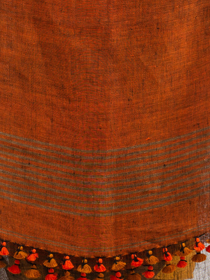 Women's Sunset Brown stipe with rust pallu in jacquard boeder handwoven linen saree