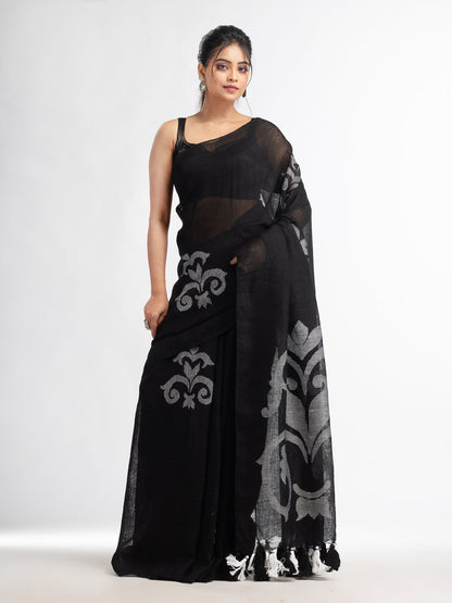 Women's Black jamdani handwoven linen saree