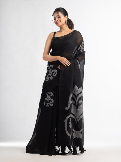 Women's Black jamdani handwoven linen saree