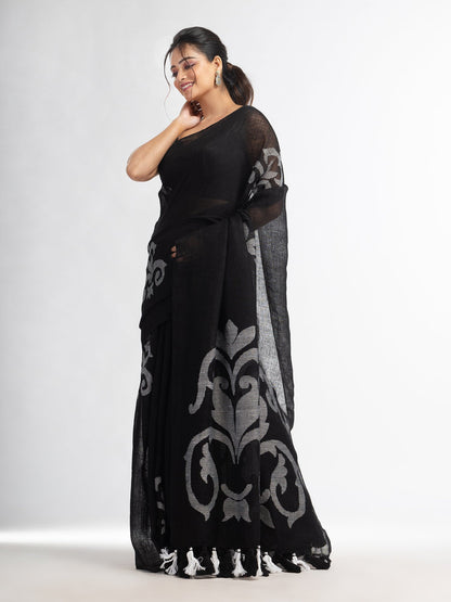 Women's Black jamdani handwoven linen saree