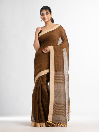 Women's Brown with multi colour pallu in solit boeder handwoven linen saree