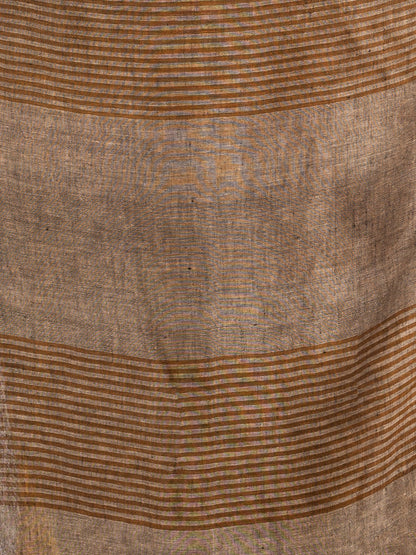 Women's Brown with multi colour pallu in solit boeder handwoven linen saree