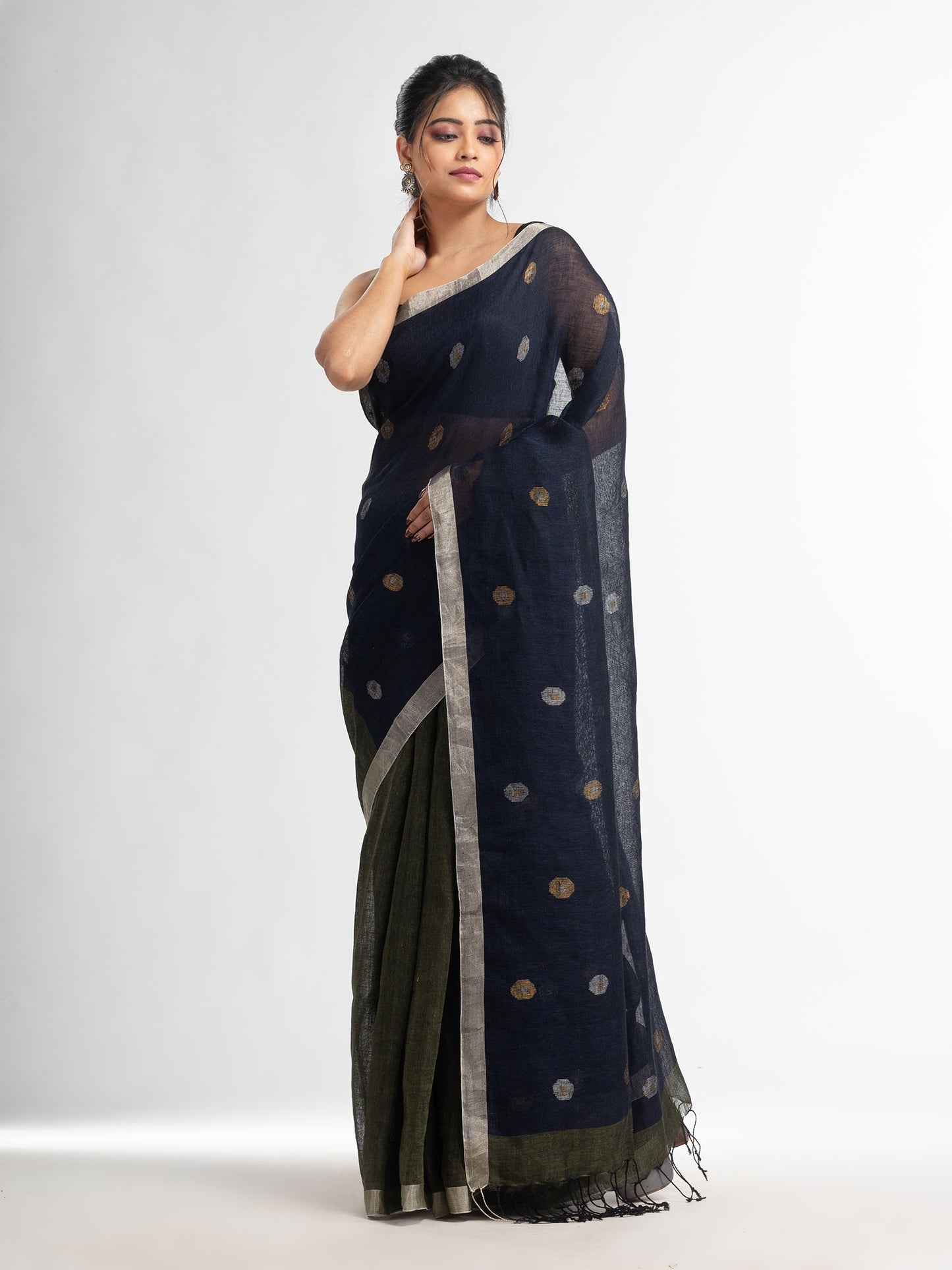 Women's Sage Green Nevy blue half and half with ball buti pallu in silver zari border handwoven linen saree