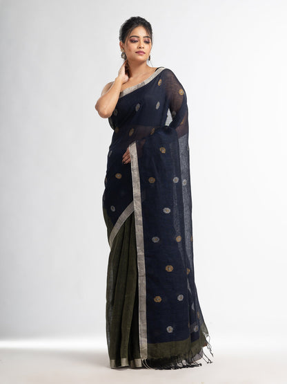 Women's Sage Green Nevy blue half and half with ball buti pallu in silver zari border handwoven linen saree