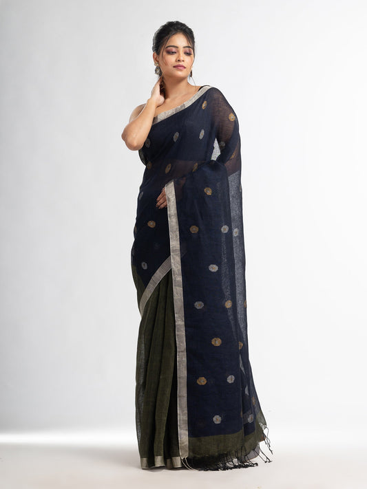 Women's Sage Green Nevy blue half and half with ball buti pallu in silver zari border handwoven linen saree
