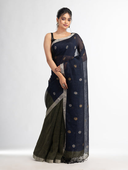 Women's Sage Green Nevy blue half and half with ball buti pallu in silver zari border handwoven linen saree