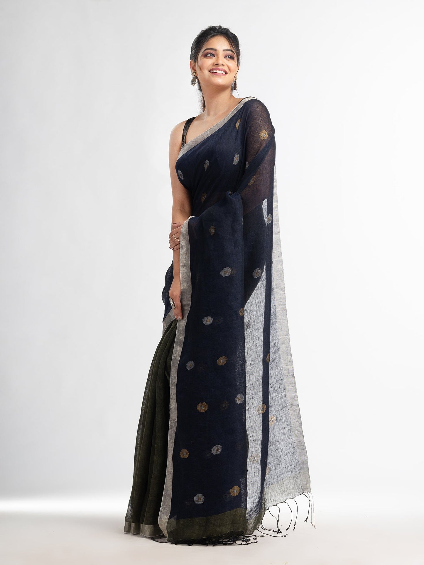 Women's Sage Green Nevy blue half and half with ball buti pallu in silver zari border handwoven linen saree