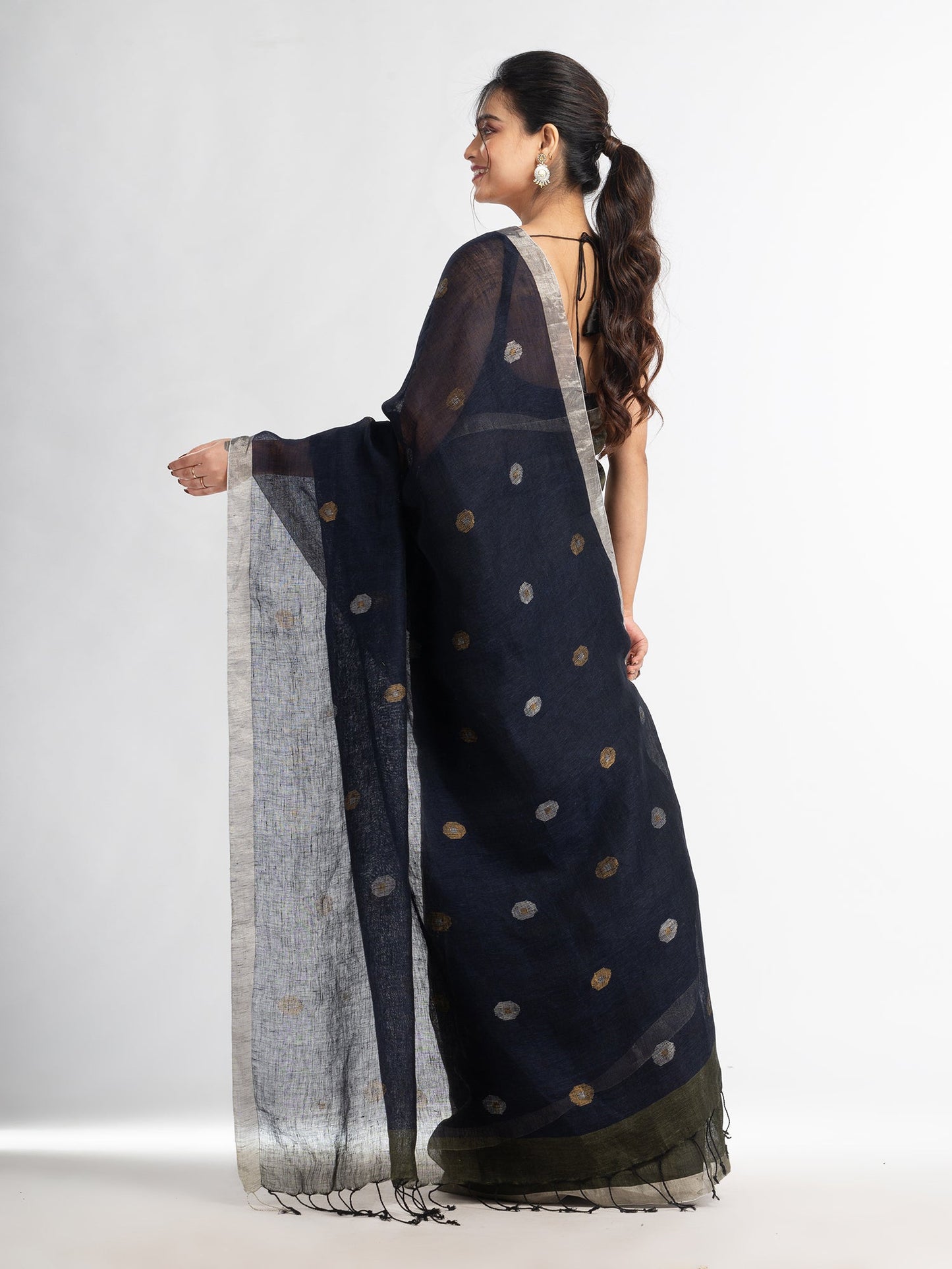Women's Sage Green Nevy blue half and half with ball buti pallu in silver zari border handwoven linen saree