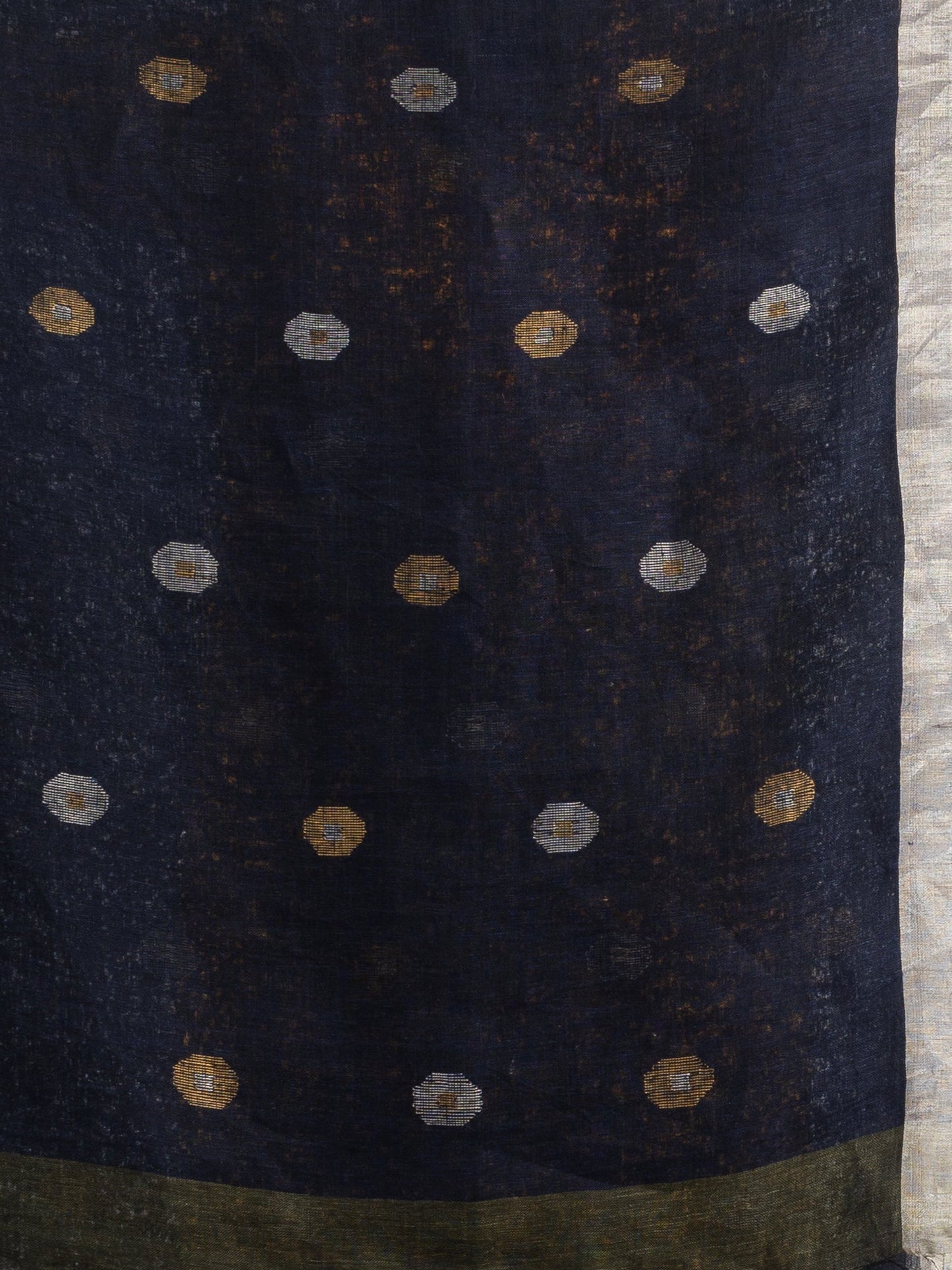 Women's Sage Green Nevy blue half and half with ball buti pallu in silver zari border handwoven linen saree