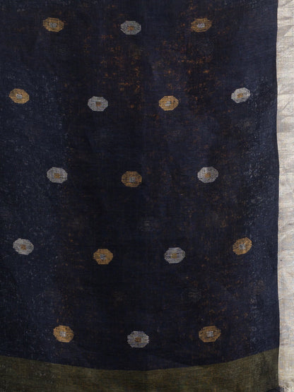Women's Sage Green Nevy blue half and half with ball buti pallu in silver zari border handwoven linen saree