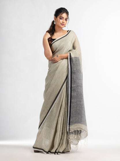 Women's Grey twill weaving with sage green pallu in white and black border handwoven linen saree