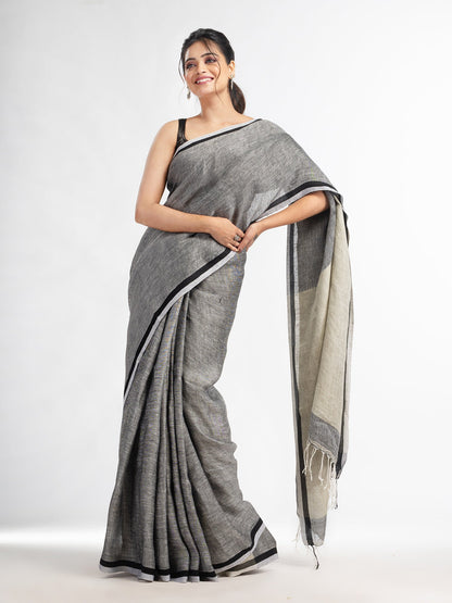 Women's Grey twill weaving with sage green pallu in white and black border handwoven linen saree