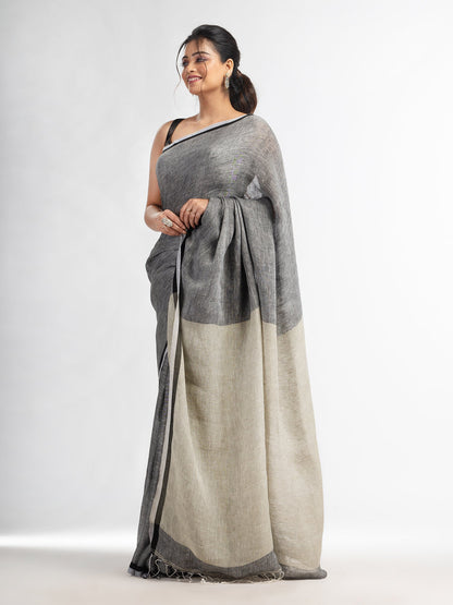 Women's Grey twill weaving with sage green pallu in white and black border handwoven linen saree