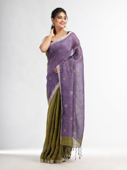 Women's Sage green violet half and half with ball buti pallu in silver zari border handwoven linen saree