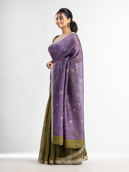 Women's Sage green violet half and half with ball buti pallu in silver zari border handwoven linen saree