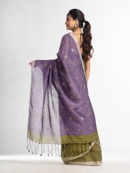 Women's Sage green violet half and half with ball buti pallu in silver zari border handwoven linen saree