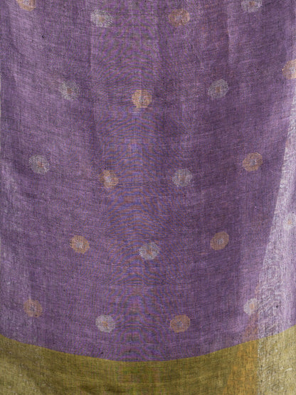 Women's Sage green violet half and half with ball buti pallu in silver zari border handwoven linen saree